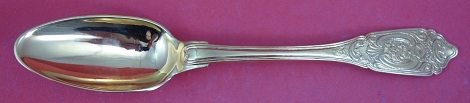 Dinner Spoon vermeil w/ fruit and vase on handle pointed handle Dresden crossed swords & D mark w/ #12 possibly M = 1841 made in second half of 18th Century, applied 3D face on back of bowl 750 silver hand chased design 8
